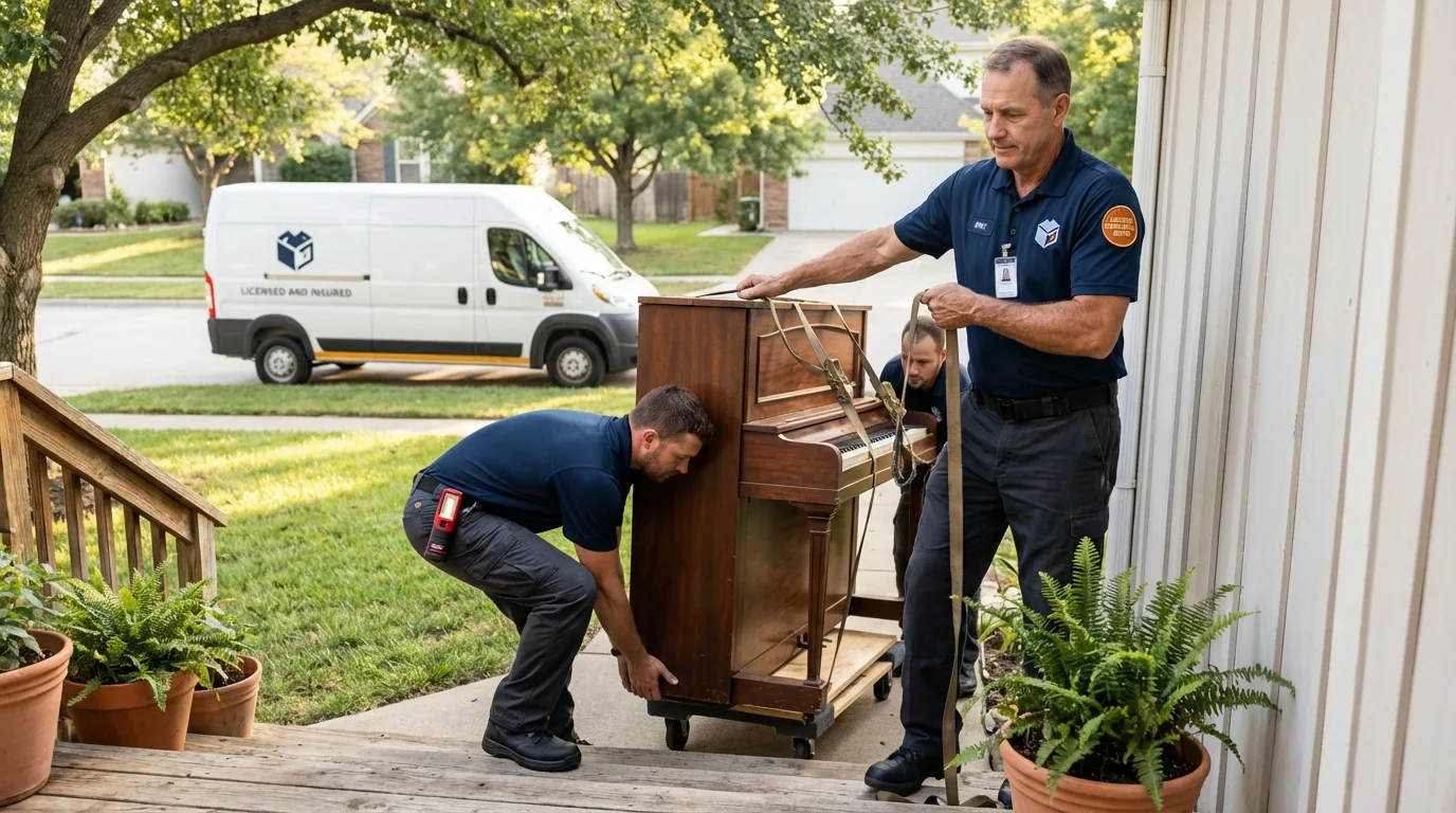 Licensed piano movers securing grand piano in Woodbine, GA