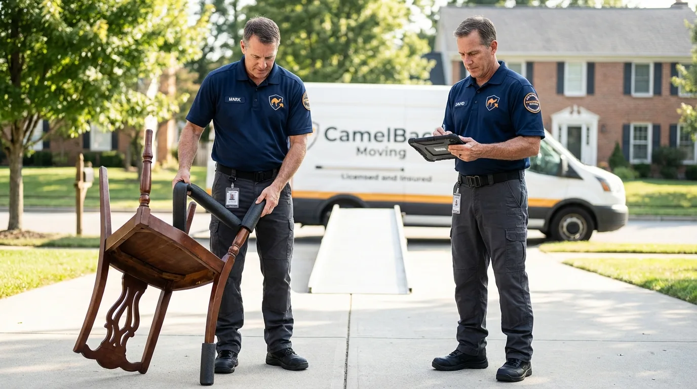 Movers inspecting furniture for damage prevention before loading in Woodbine, GA