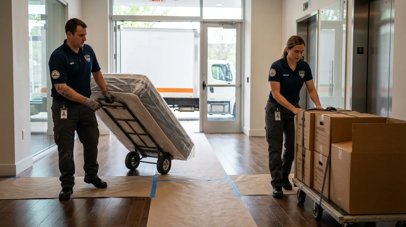 Professional apartment movers loading elevator in Woodbine, GA