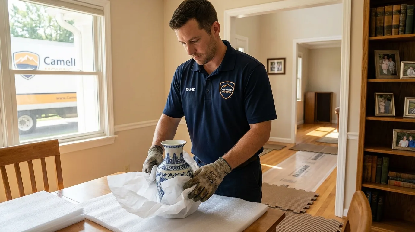 Professional crew carefully wrapping antique vase for senior downsizing move in Woodbine, GA