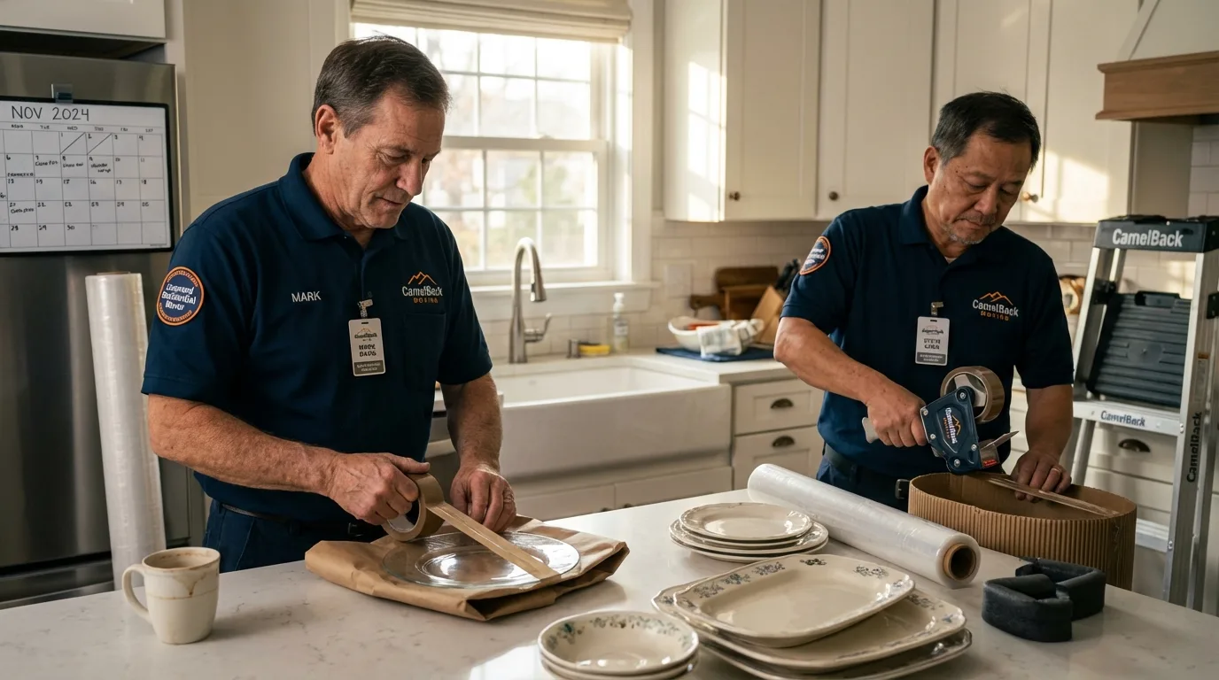Professional crew packing kitchen dishware in Woodbine, GA